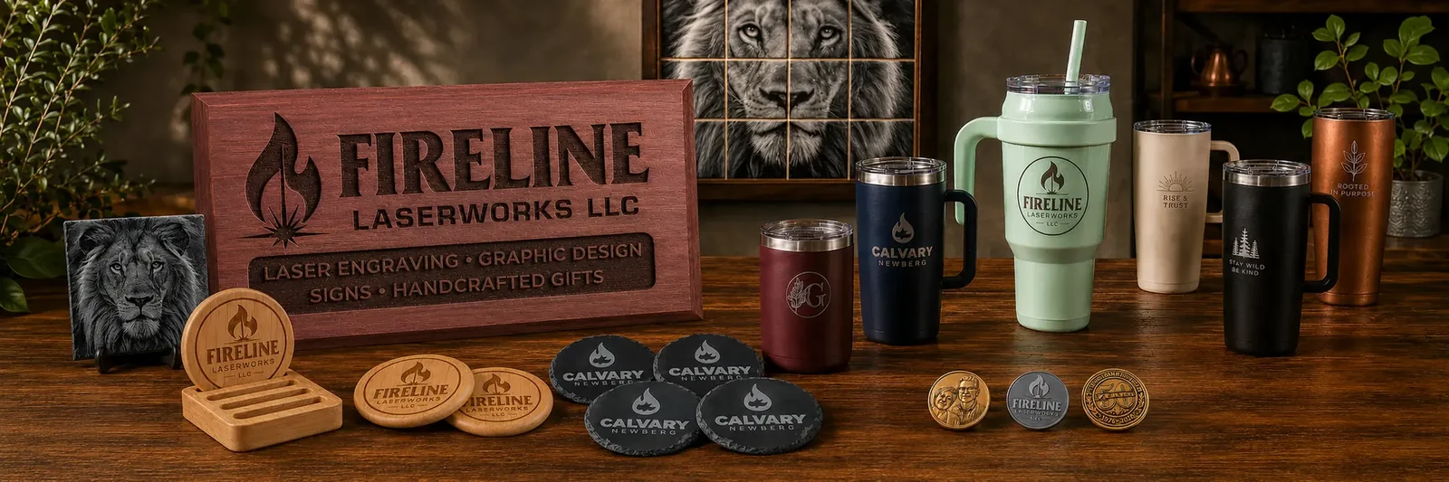 Fireline Laserworks engraved tumblers, wood signs, coasters, slate, tile, and commemorative coins