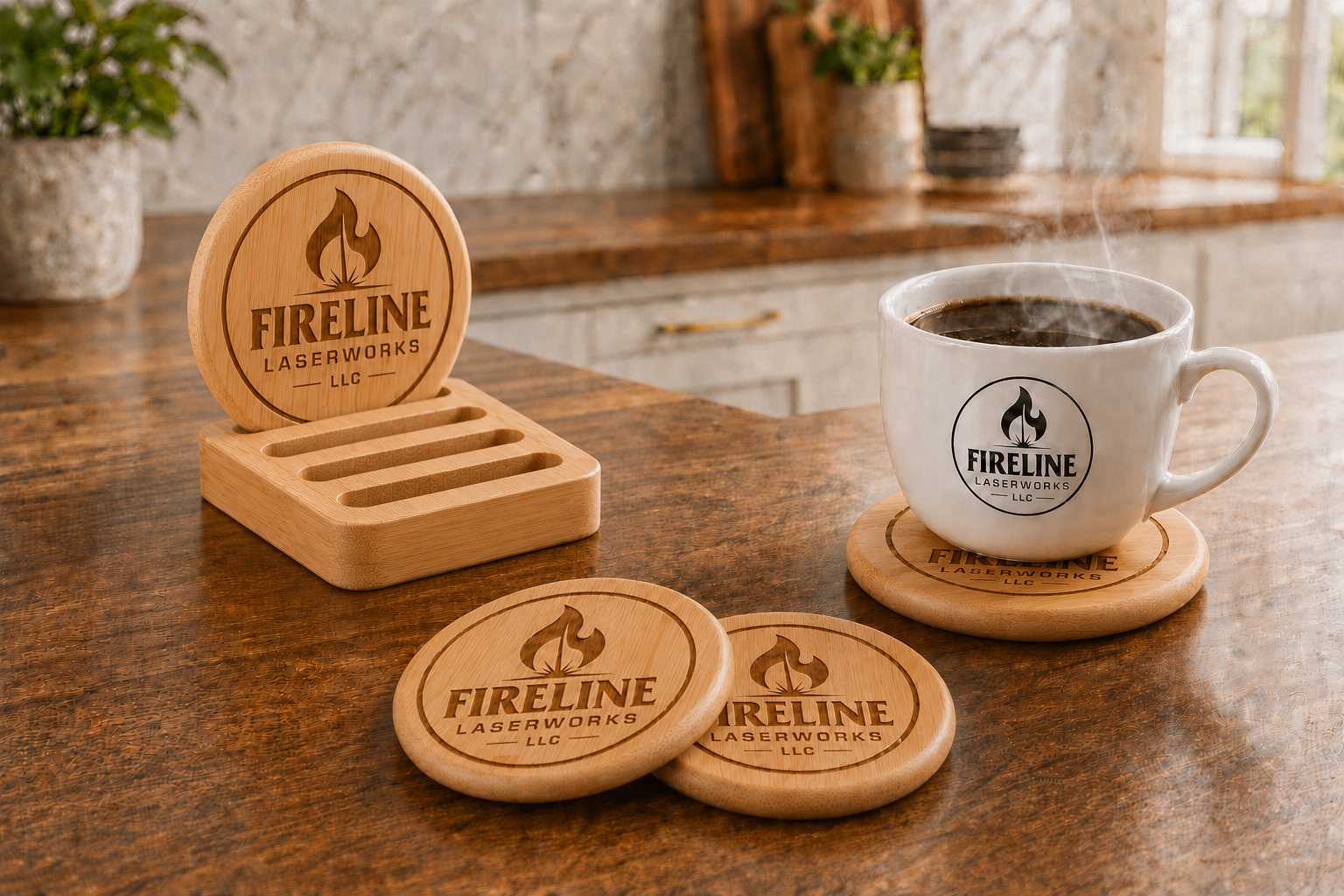 Fireline bamboo coaster set and mug